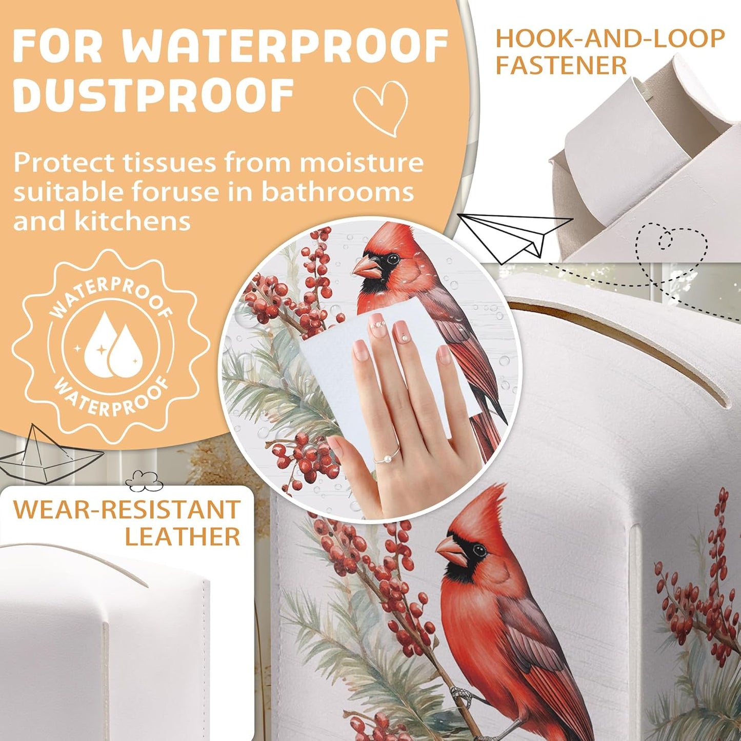 Christmas Tissue Box Holder, Christmas Cardinal Leather Tissue Box Cover Square, Red Feathers Paper Facial Decorative Tissues Cover for Night Stands Bathroom Office Home Decor-B10