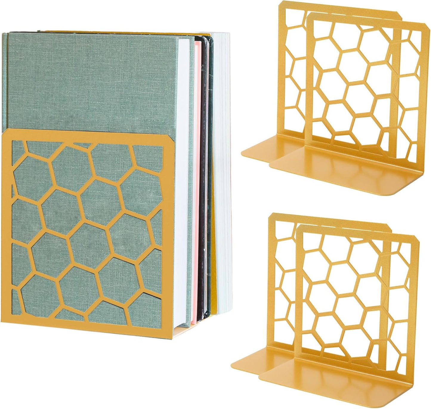 GEOMOD Geometric Honeycomb Gold Metal Bookends Decorative - Tall Sturdy Book Ends for Shelves - Modern Heavy Duty Bookend Stopper - Office or Home Book Shelf Book Holder - 6x3.25x6.25 Inches - 2 Pair