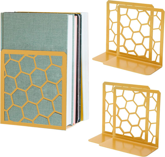 GEOMOD Geometric Honeycomb Gold Metal Bookends Decorative - Tall Sturdy Book Ends for Shelves - Modern Heavy Duty Bookend Stopper - Office or Home Book Shelf Book Holder - 6x3.25x6.25 Inches - 2 Pair