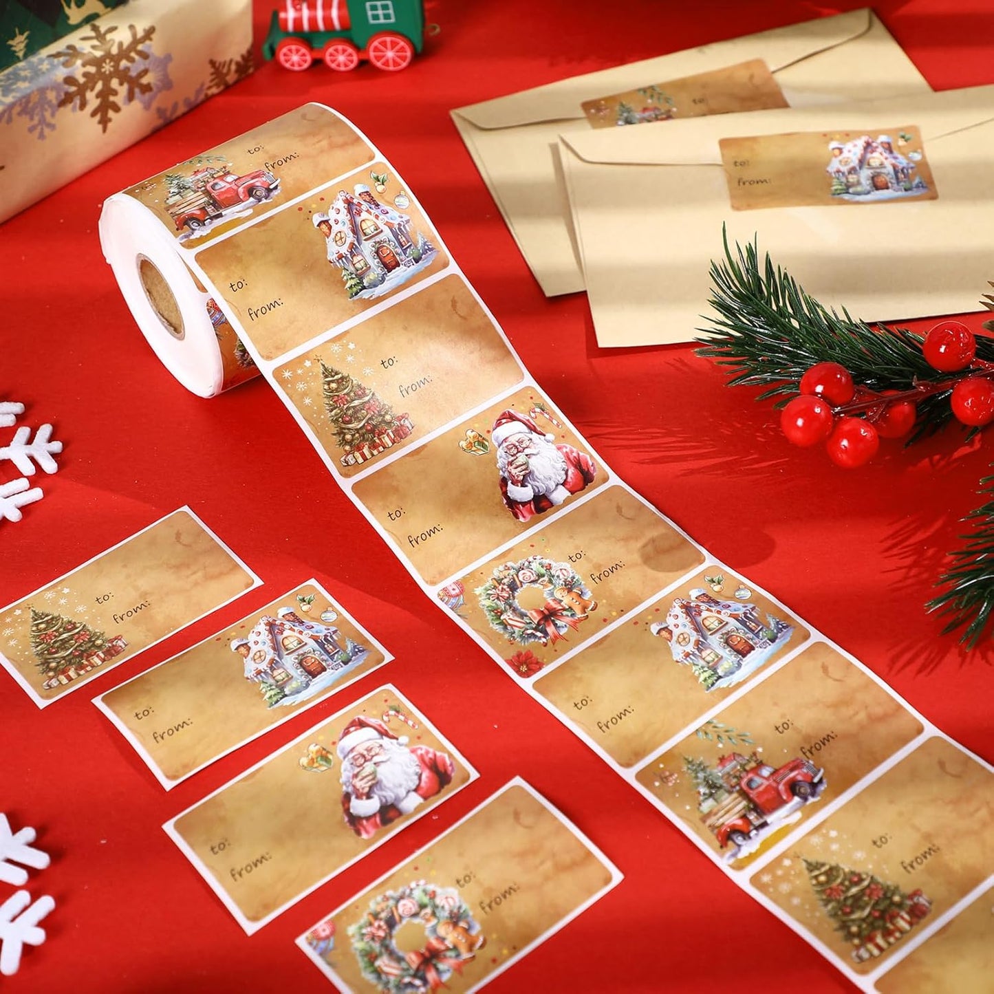 Outus 500 Pieces Christmas Tags Self Adhesive Gift Tags for Xmas Presents Christmas Name Labels Stickers for Wrapping Paper Festival Birthday Holiday Decor(Old Fashioned Style,2.76 x 1.57 Inch)