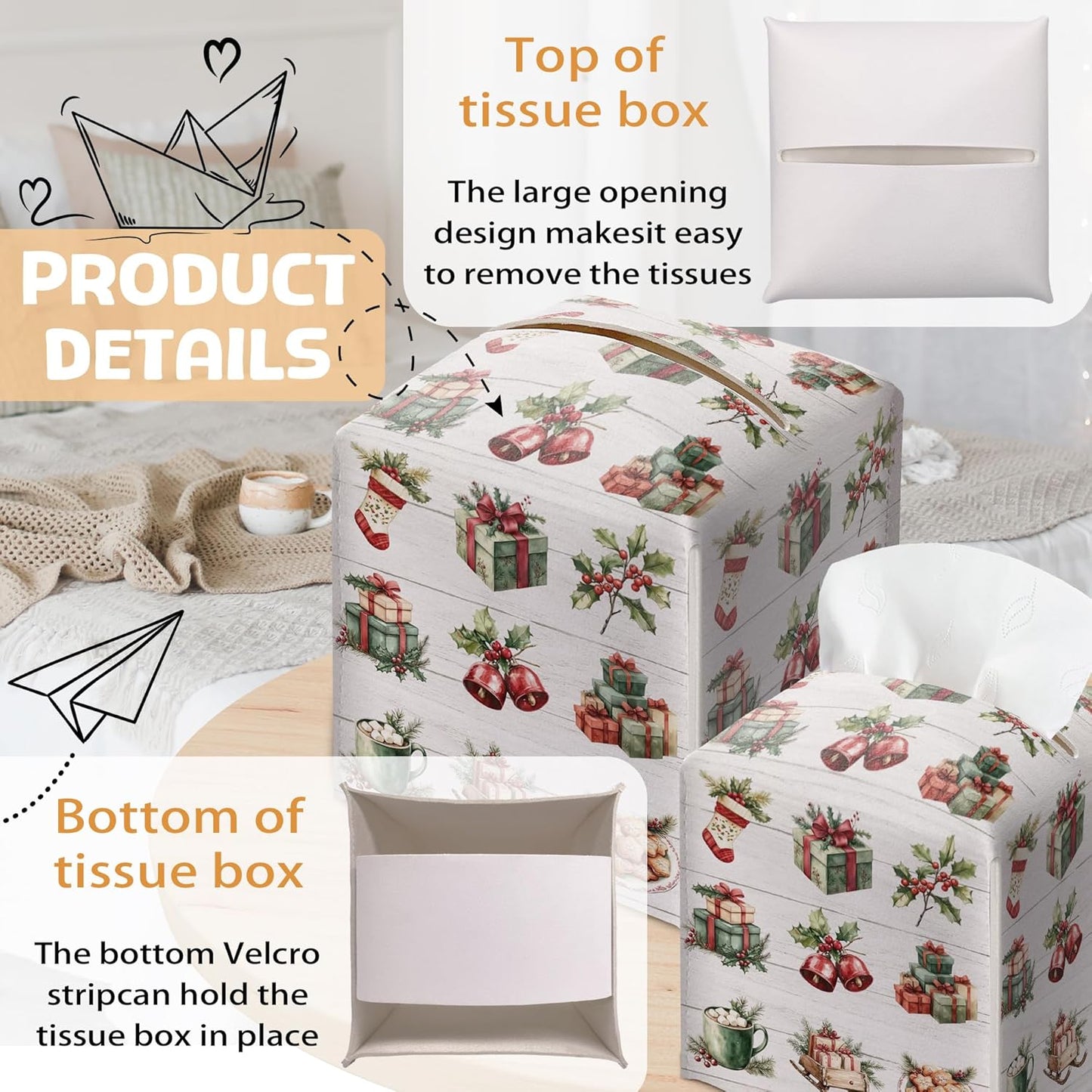 Merry Christmas Tissue Box Holder, Bow Leather Tissue Box Cover Square, Paper Facial Decorative Tissues Cover for Night Stands Bathroom Kitchen Office Home Decor-B32