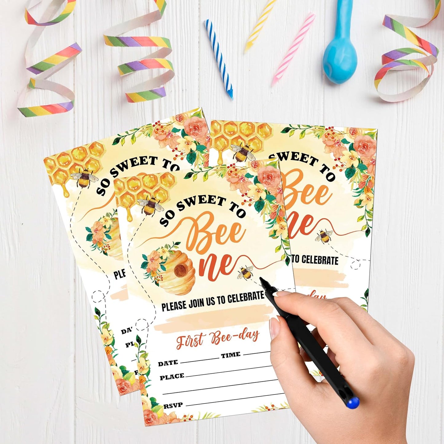 Honeycomb 1st Birthday Invitations, 20 Invitation Cards with Envelopes, Sweet Bee Invites for Party Decorations Favor Supplies - A04
