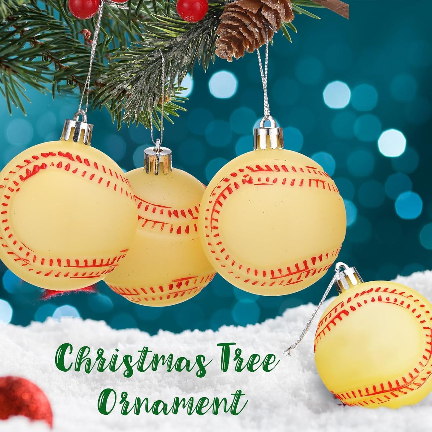Leitee 18 Pcs Christmas Plastic Softball 2.36 Inch Xmas Tree Ornaments with Hanging Loop Sports Theme Decorative Hanging Ornaments for Holiday Party Christmas Tree Home