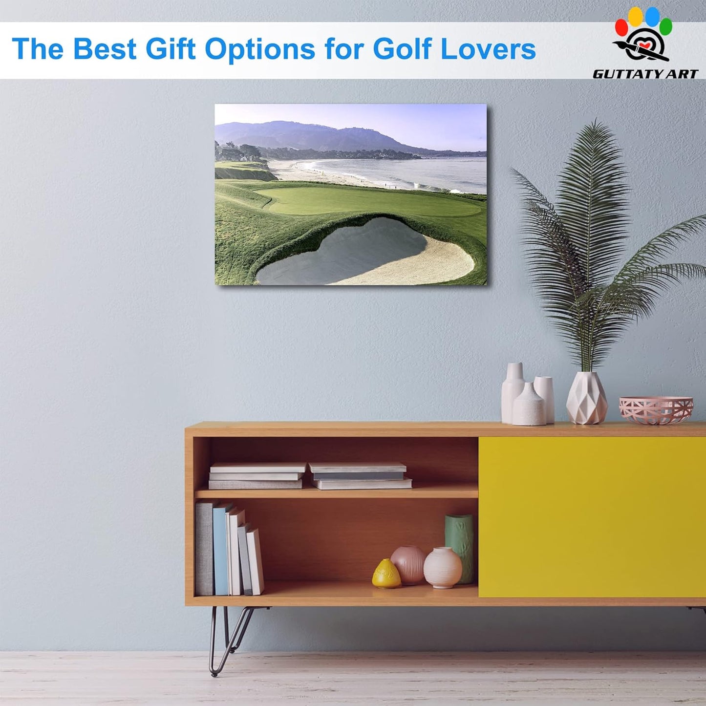 Beach Golf Wall Art, Pebble Beach Golf Links Spiritual Picture for Living Room Wall Decor, Outdoor Sports Golf Painting Prints Bedroom Kitchen Decor, Framed Artwork for Office Home 24x36 Inches