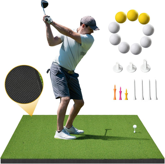 5x4ft Golf Hitting Mat, Thickened 21mm/31mm/36mm Artificial Turf Golf Practice Mats for Indoor Outdoor Backyard Driving Swing Training with 9 PU Balls, 3 Rubber Tees, 7 Tees