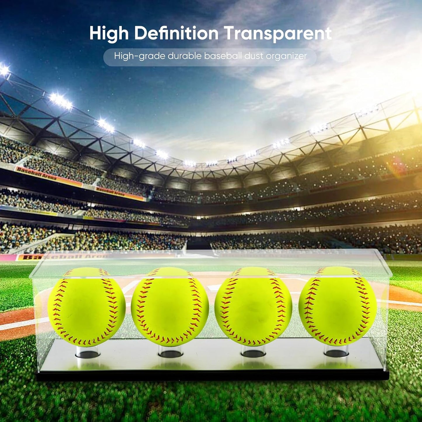 Softball Display Case for 4 Pack in one,Acrylic Baseball Holder Display Stand,Golf Ball Display Case,Clear Display box for Tennis Ball Sports Ball Storage with Base and Mirror Base(need Self-assembly)