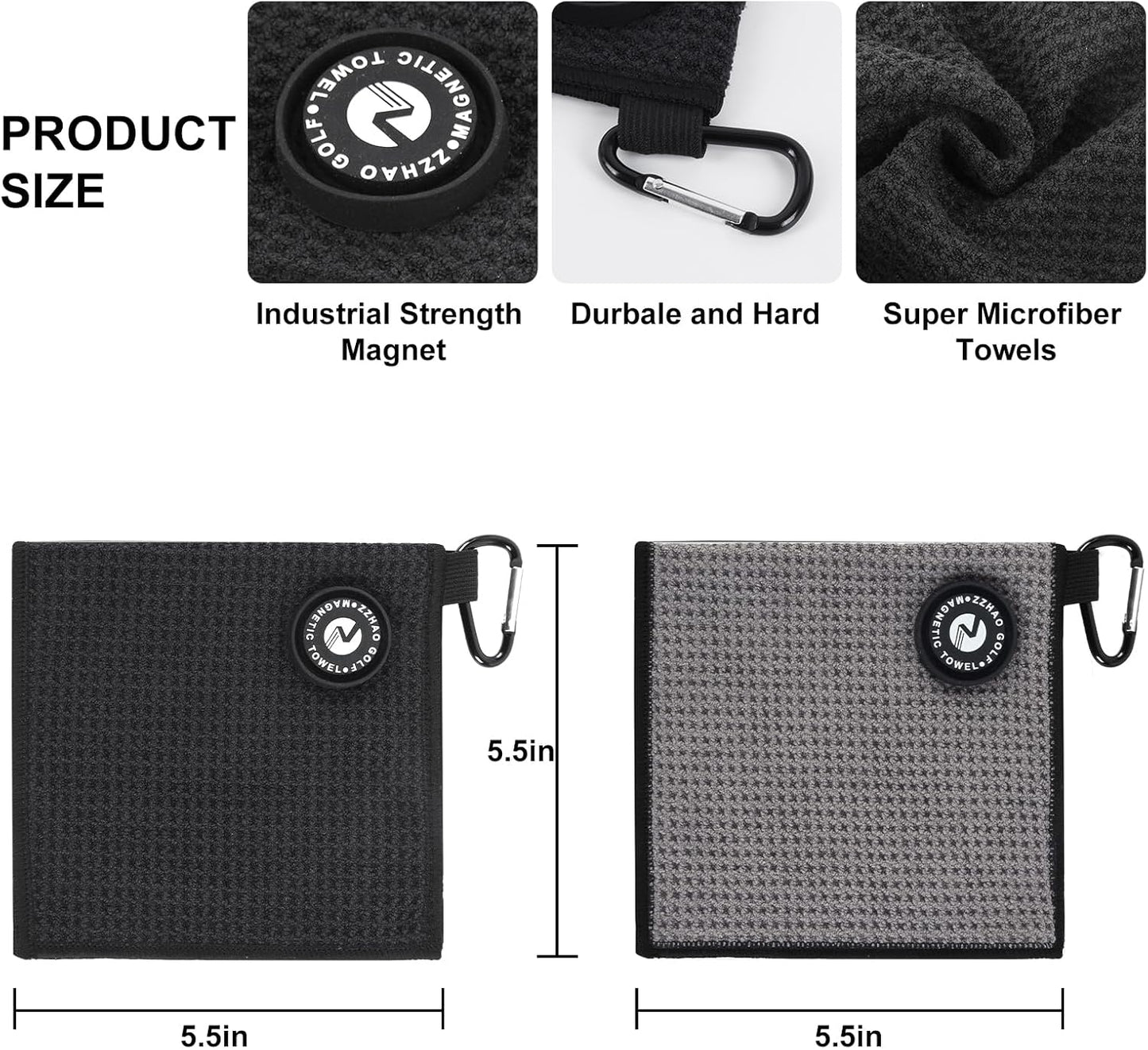 ZZHAO Magnetic Golf Towels,Super Absorbent Microfiber Small Towels with Clip - Industrial Strength Magnet,Lightweight, Scratch-Resistant, 5.5x5.5 In-2Pcs- Black&Gray