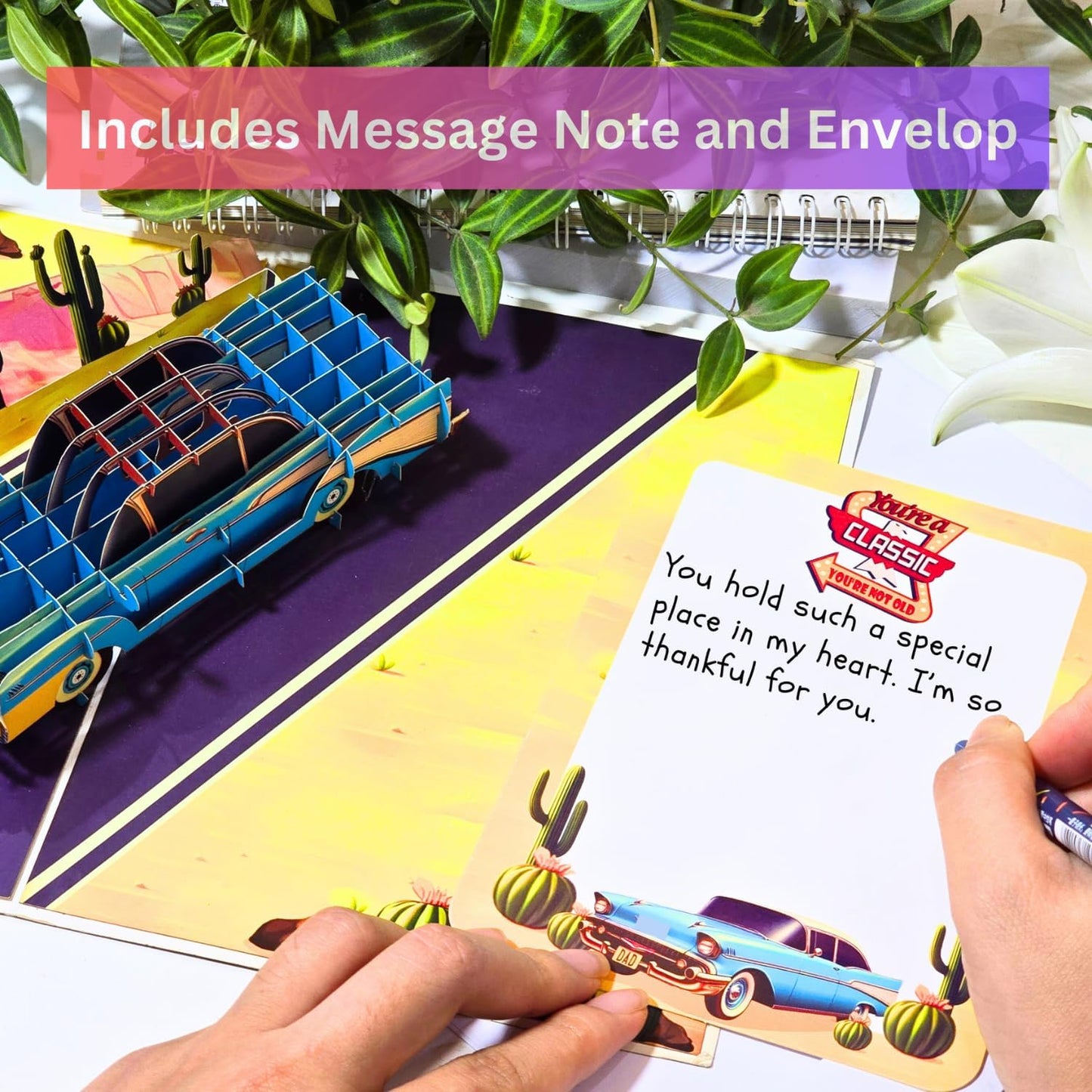 HEARTAGS- Pop Up Birthday Card for Men, Classic Car Birthday Card For Dad, Husband, Brother, Son, Grandpa, 3D Popup Greeting Cards Size 6x8 inches Includes Message Note and Envelop