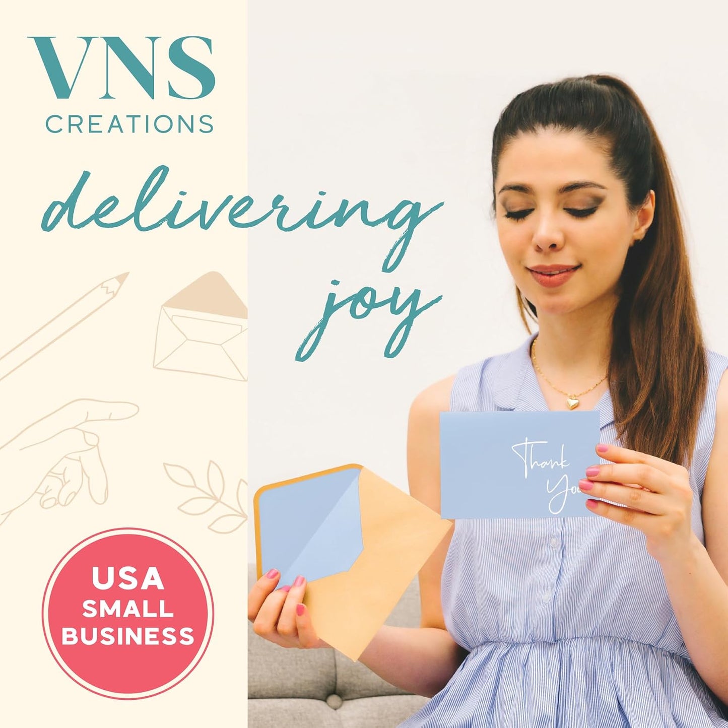 VNS Creations Thank You Cards With Envelopes Bulk Set & Stickers - 100 Pack 4x6 Blank Thank You Notes Bulk Box Set - Large Note Card Small Business, Wedding, Baby Shower & Bridal Shower - Light Blue