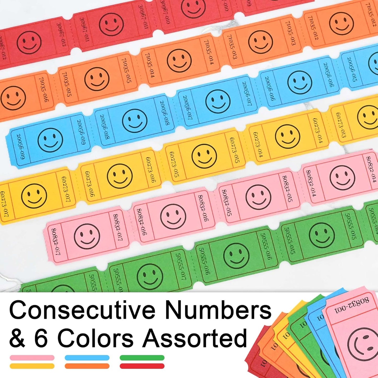 L LIKED 3000 Pack Raffle Tickets, 6 Assorted Colors, Easy-Tear .Numbered Smile Single Rolls Raffle Tickets for Events, Entry, Class Reward, Parties, Prizes