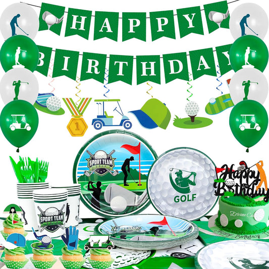 159pcs Golf Birthday Party Decorations Supplies, 16 Guests Golf Party Tableware Set Golf Birthday Banner Balloons Sport Party Plates Napkin Tablecloth etc