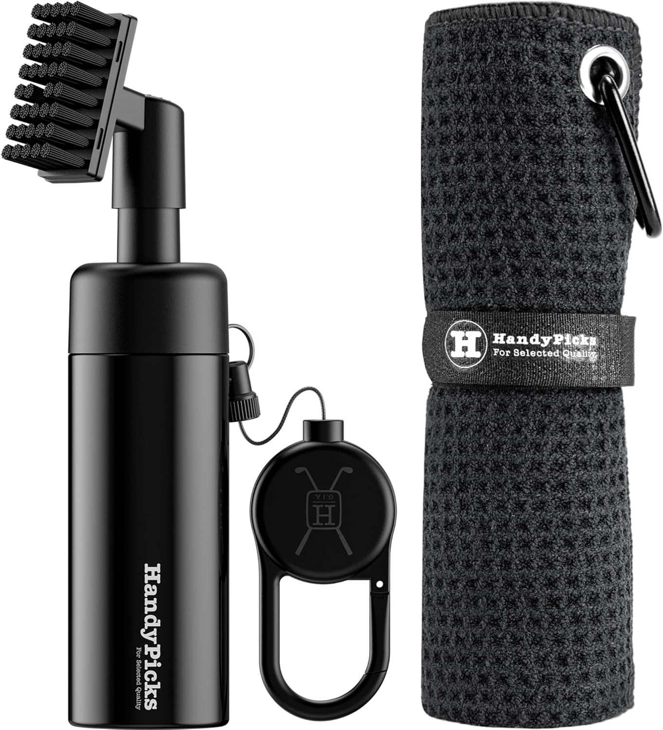 Handy Picks Golf Club Cleaner with Water Bottle Holds 5.5 OZ, Heavy Duty Metal Retractable Magnetic Clip, Waffle Microfiber Golf Towel, Ideal Water Brush Combo