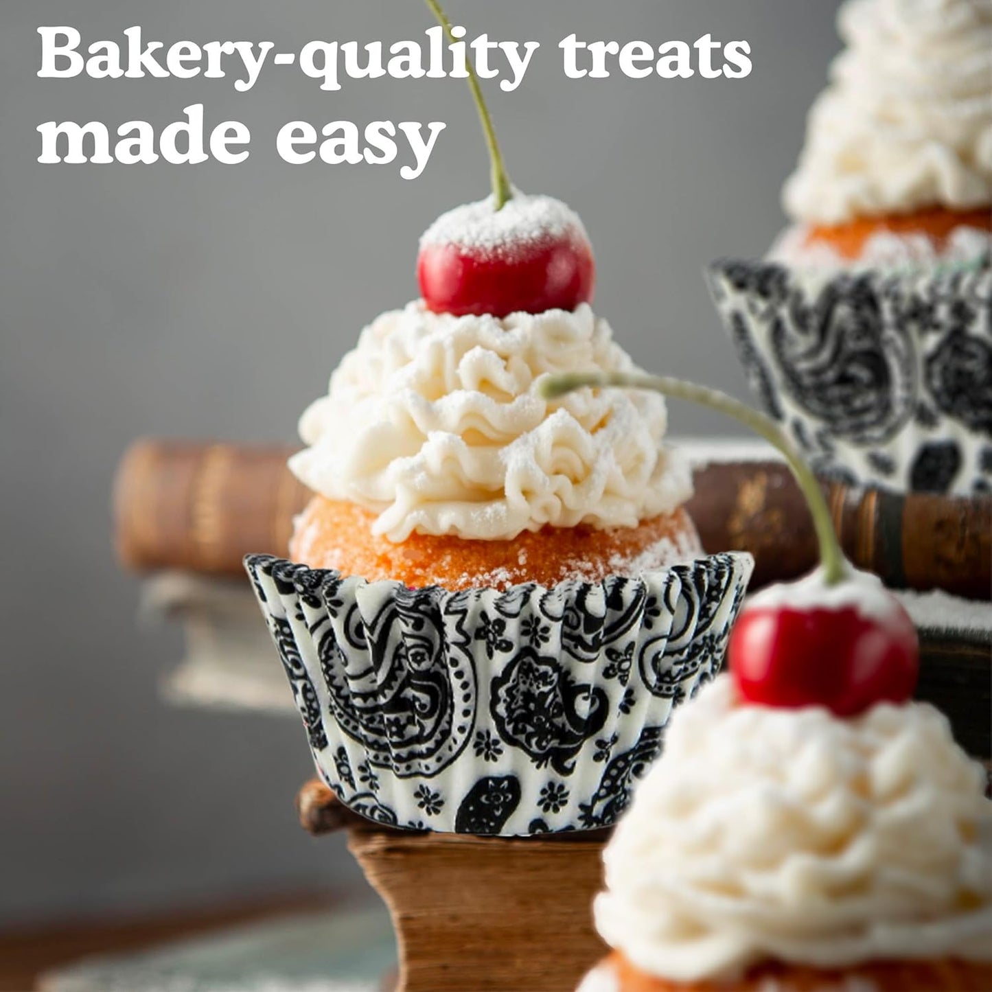 Regency Wraps Greaseproof Professional Grade Baking Cups, Pack of 40, Standard Liners, Black/White Paisley, for Cupcakes, Muffins, Candy, Non Stick