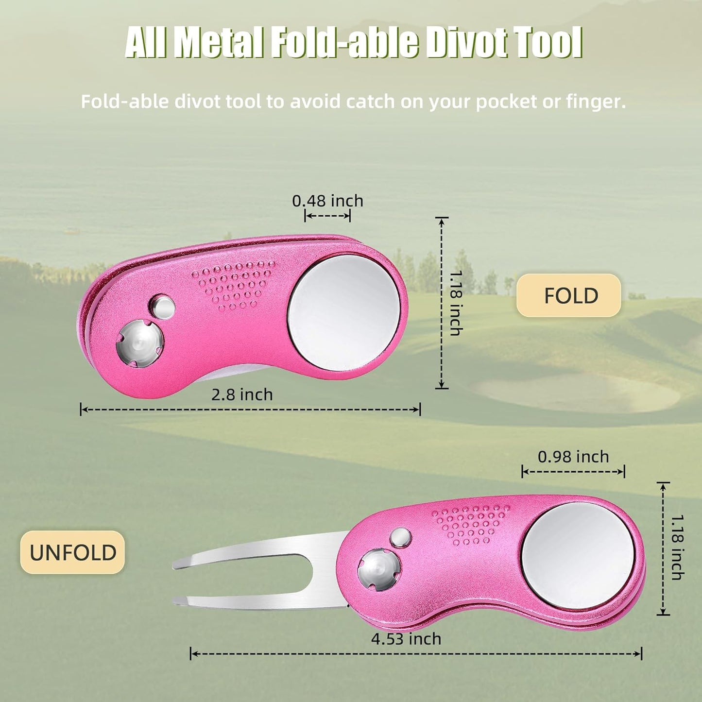 Mile High Life Golf Divot Repair Tool, All Metal Foldable Divot Tool with Pop-up Button & Magnetic Ball Marker