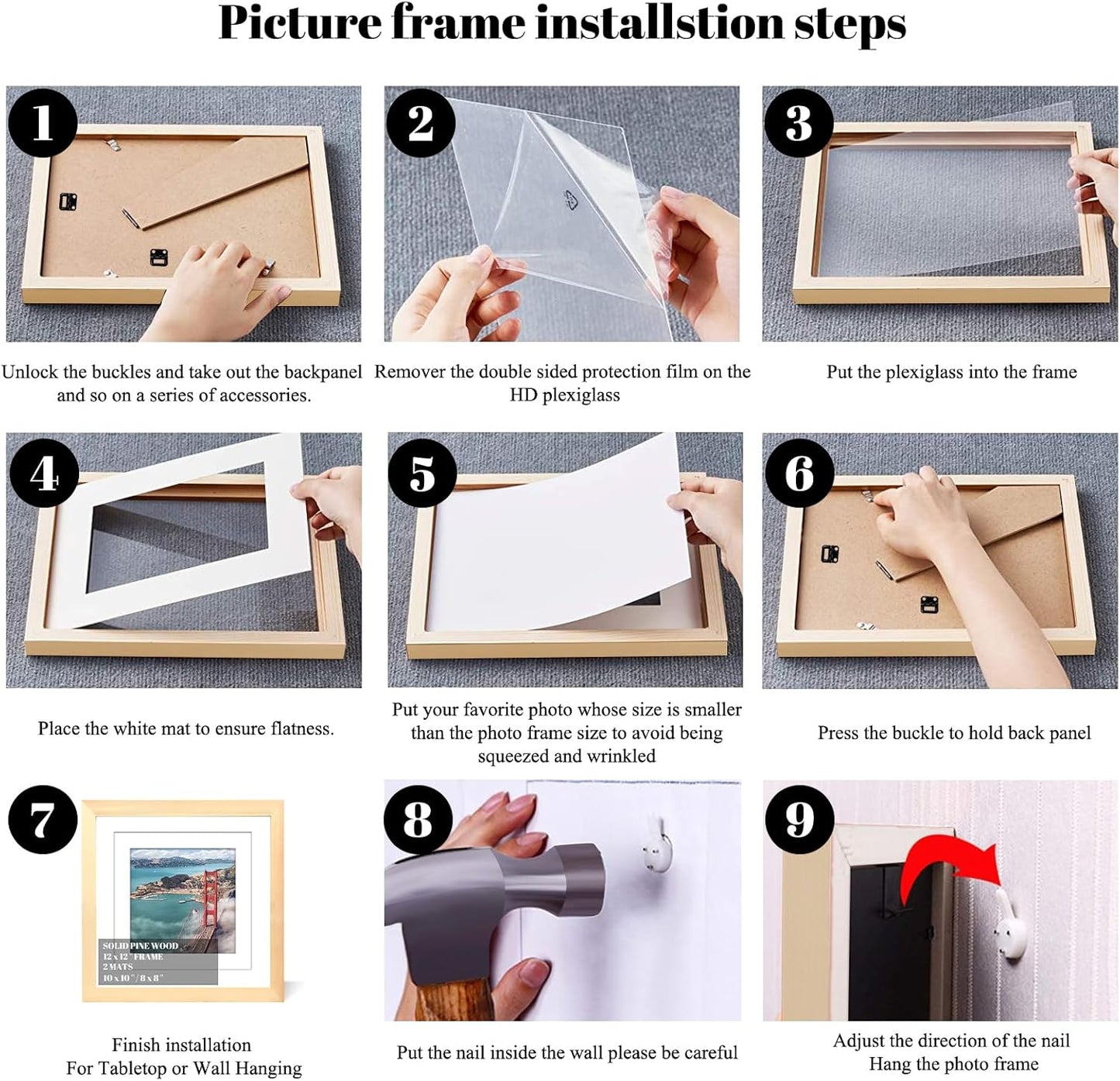 12x12 Wood Picture Frames for Wall Hanging or Tabletop,Diamond Painting Frame Baby Scan Picture Frames with 2 Mats Display 8x8 or 10x10 for Family Walls