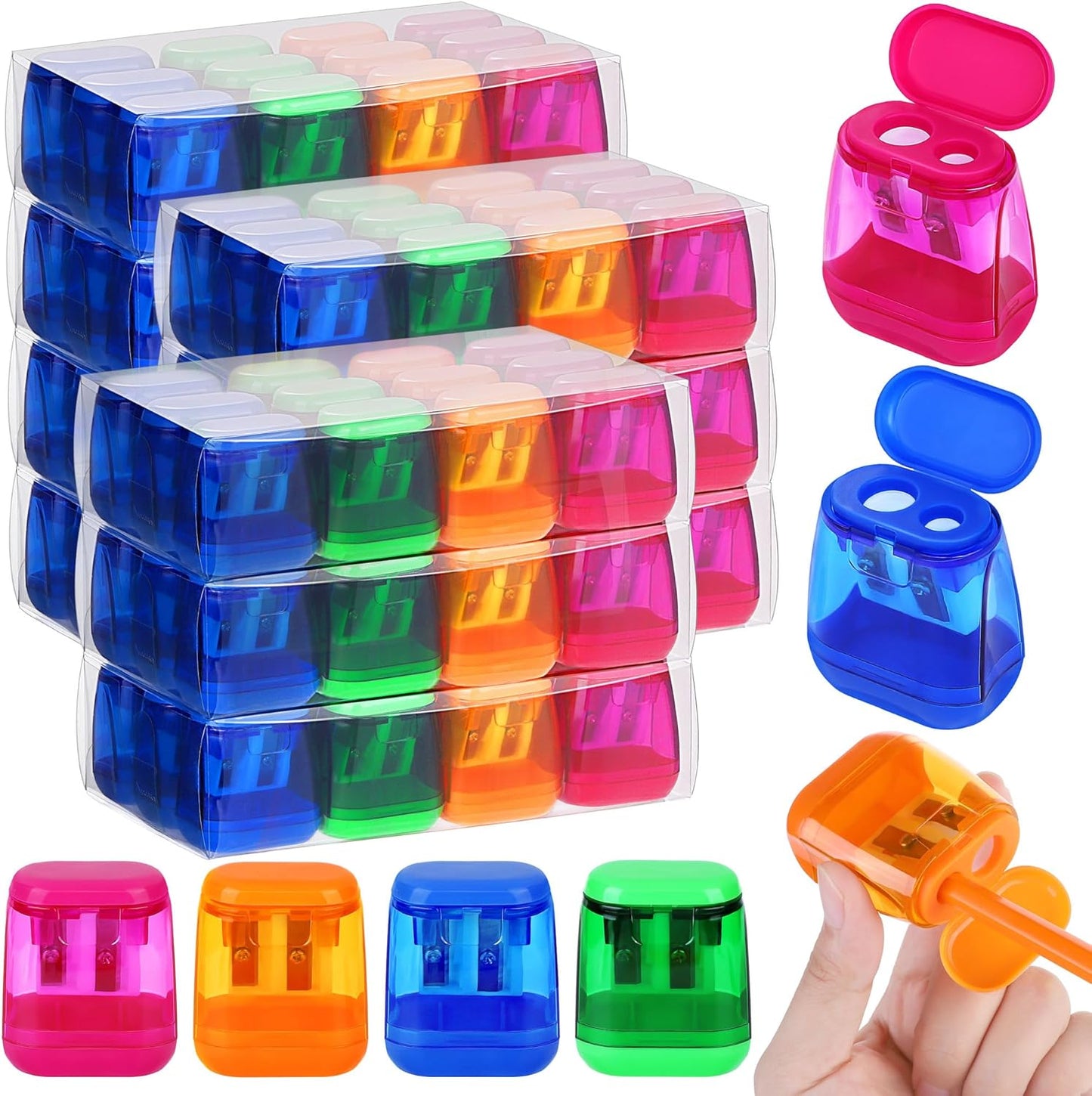Aodaer 96 Pieces Manual Pencil Sharpeners Dual Hole Compact Sharpener with Lid for Kids Pencil Sharpener in School, Office, Home Mixed 4 Colors