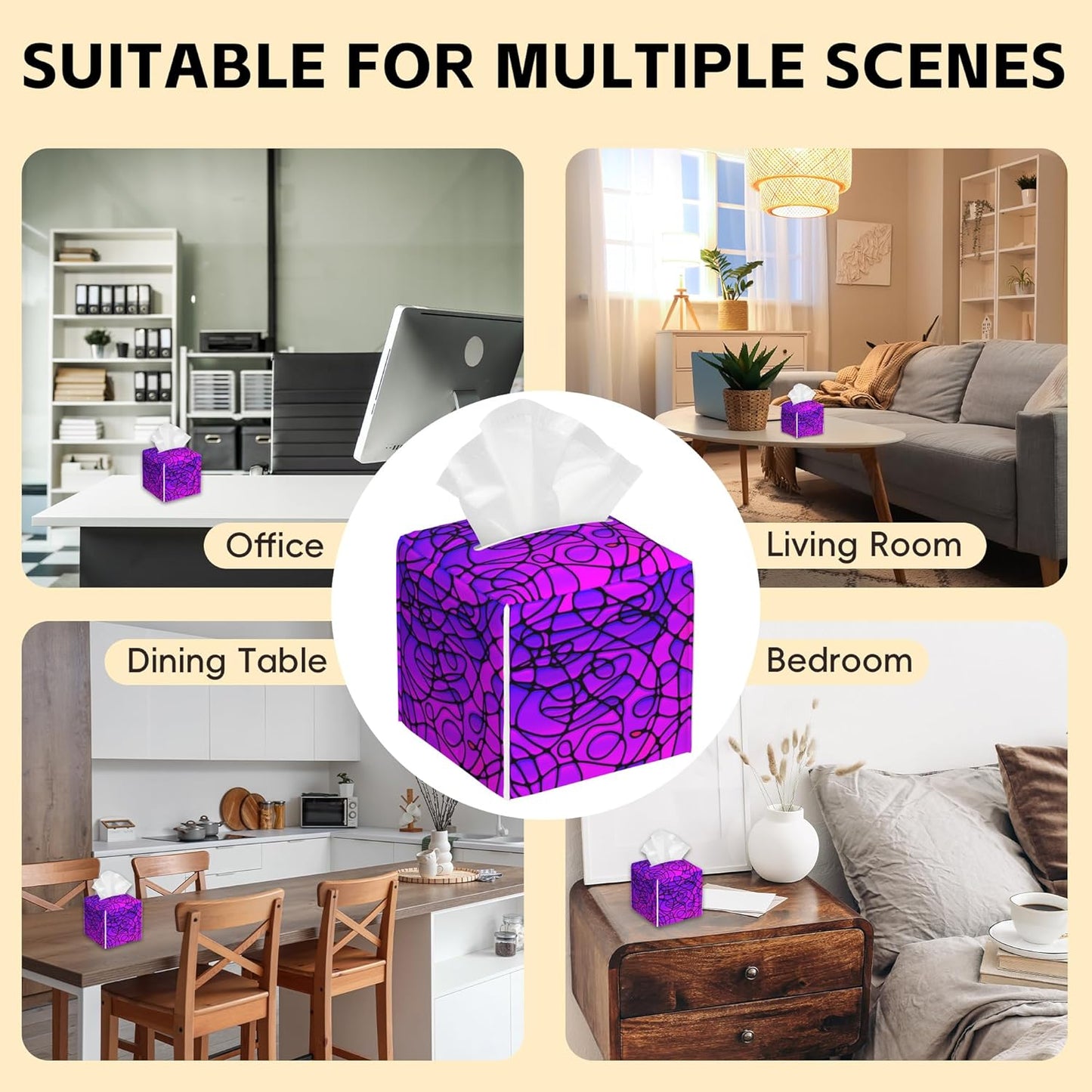 Tissue Box Cover Square,Abstract Purple Stained Glass Tissue Box Holder Waterproof Leather Facial Paper Case Modern Home Decoration for Bedroom Dresser Night Stand Office Desk