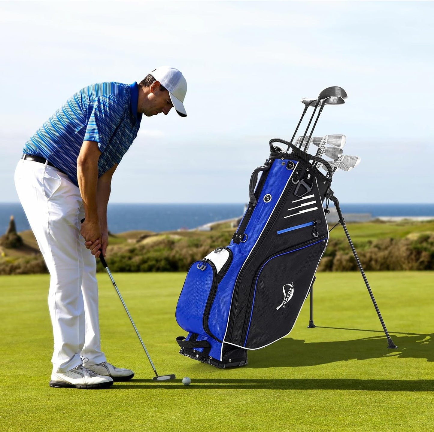 Golf Stand Bag 14 Way Top Dividers Full-Length with Stand, 8 Pockets, Cooler Pouch, Waterproof Golf Bag for Men, Dual Strap, Rain Hood