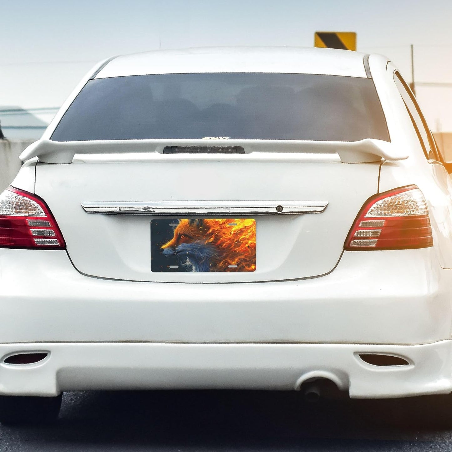 Cool Flame Animal Fox Front License Plate for Car Designs Stainless License Plate Cover Holder for Men Women Metal Aluminum Decorative Accessory Vanity Tag Standard 6 X 12 Inch (4 Holes)