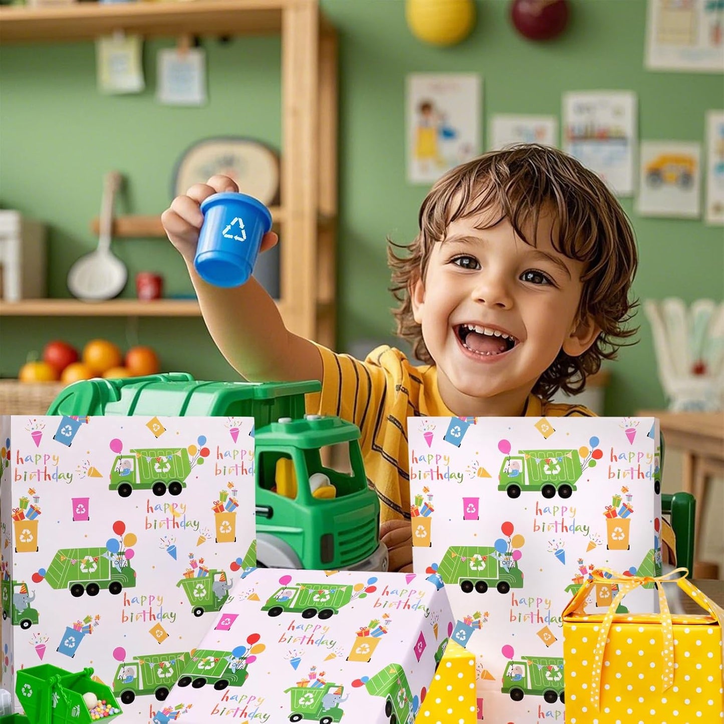 LaRibbons Garbage Truck Reversible Wrapping Paper Mini Roll, Polka Dot Design, Perfect for Kids and Boys Birthdays, 17" x 33' (46.7 sq. ft)