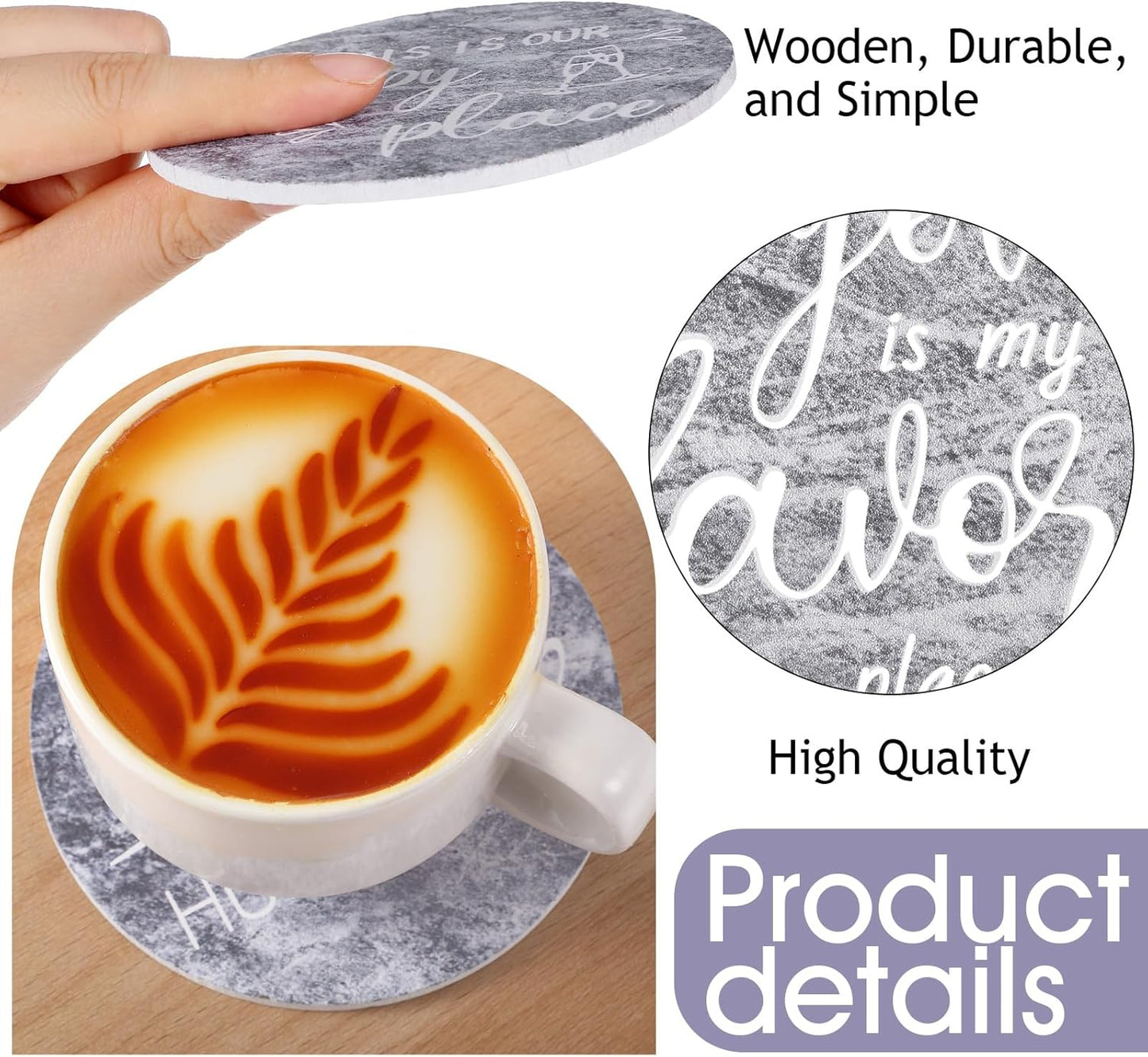 Queekay Housewarming Gifts for Home Decoration Wooden Heart Coasters for Drinks 6 Set Farmhouse Coasters with Holder Funny for Family Coffee Table Protection, 4''(Gray Marble)