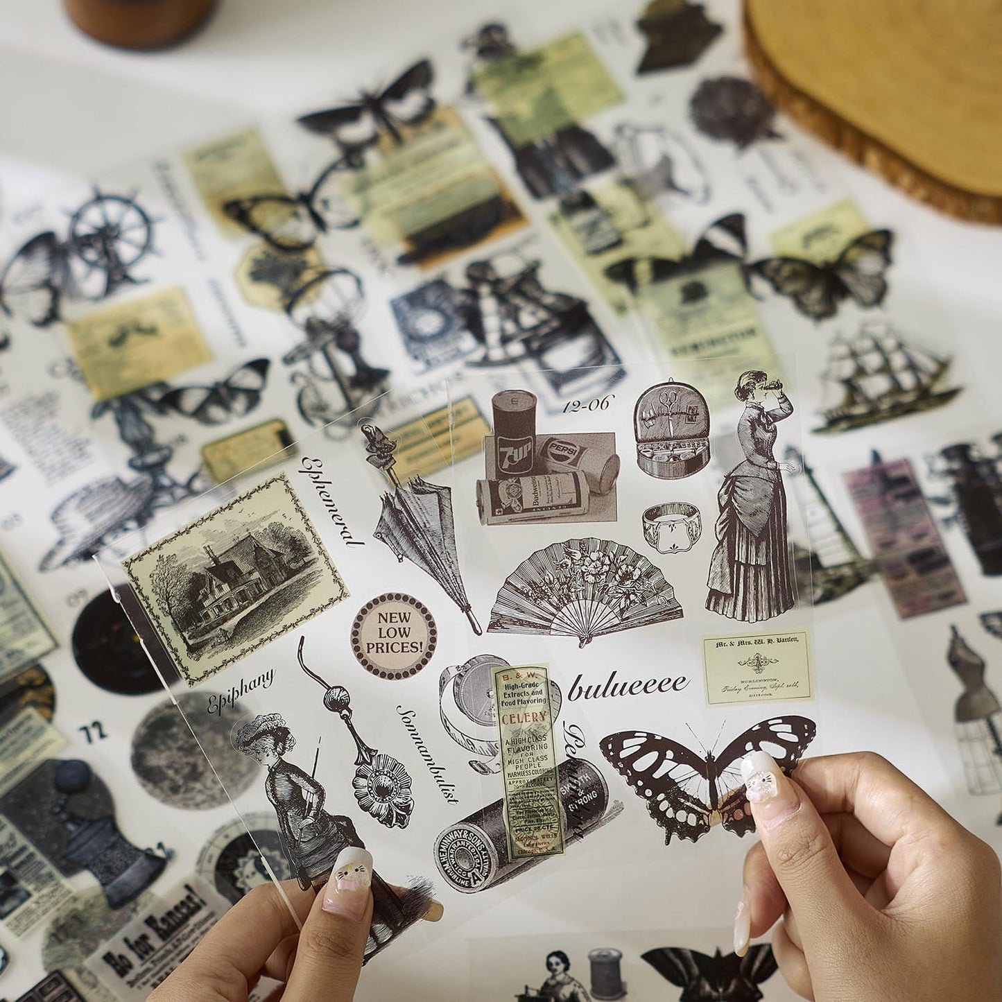 Vintage PET Sticker Book, 80 Pages Fantasy Ephemera for Scrapbooking, Journaling, Crafting, DIY Projects, and Art Supplies