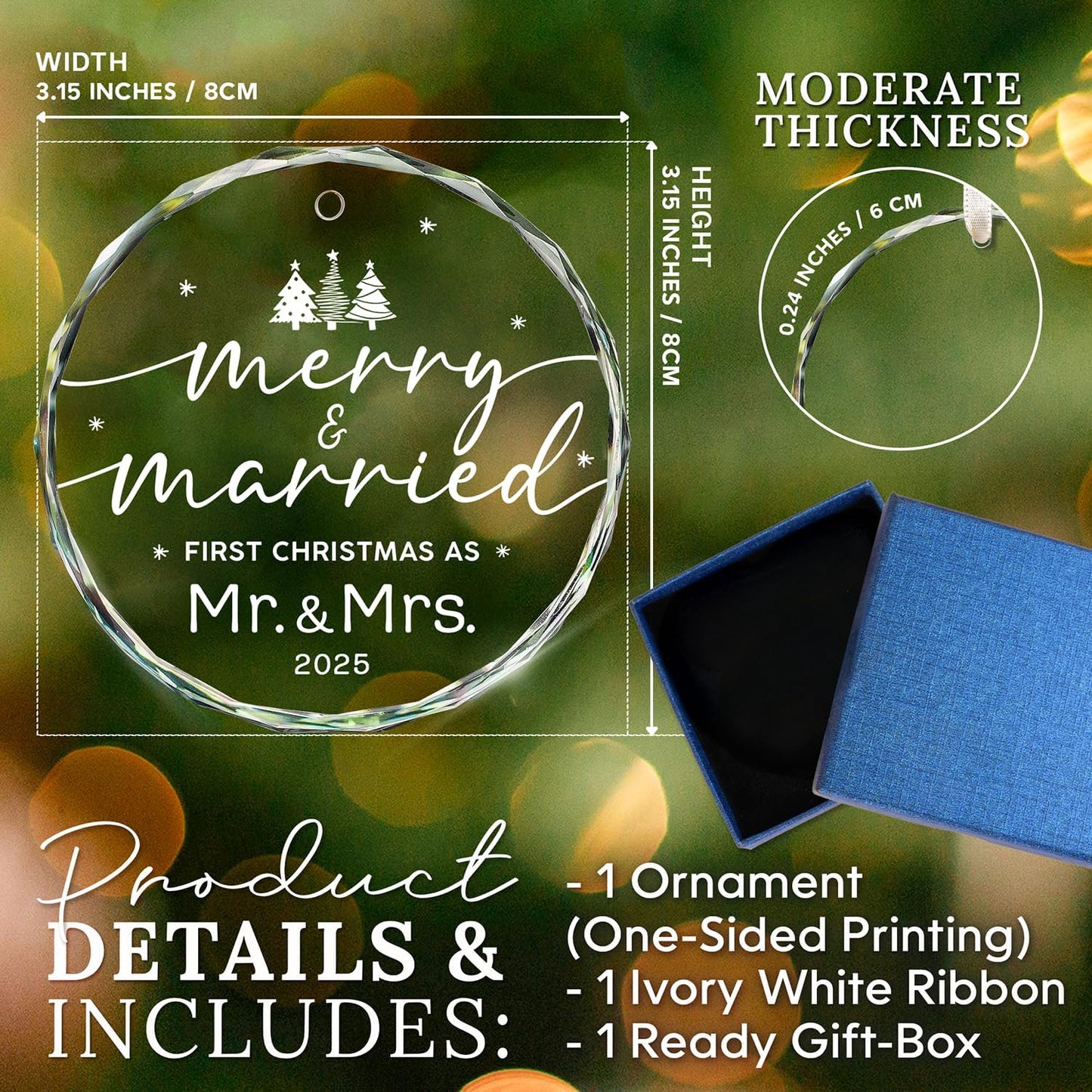 HEXMOZ Wedding Gifts for Couples 2025 - First Christmas Married Glass Ornament, Mr and Mrs Gifts, Wedding Ideas for Newly Wed, Just Married Couple, Bride - Bridal Shower Gift 1st Christmas Merry Decor