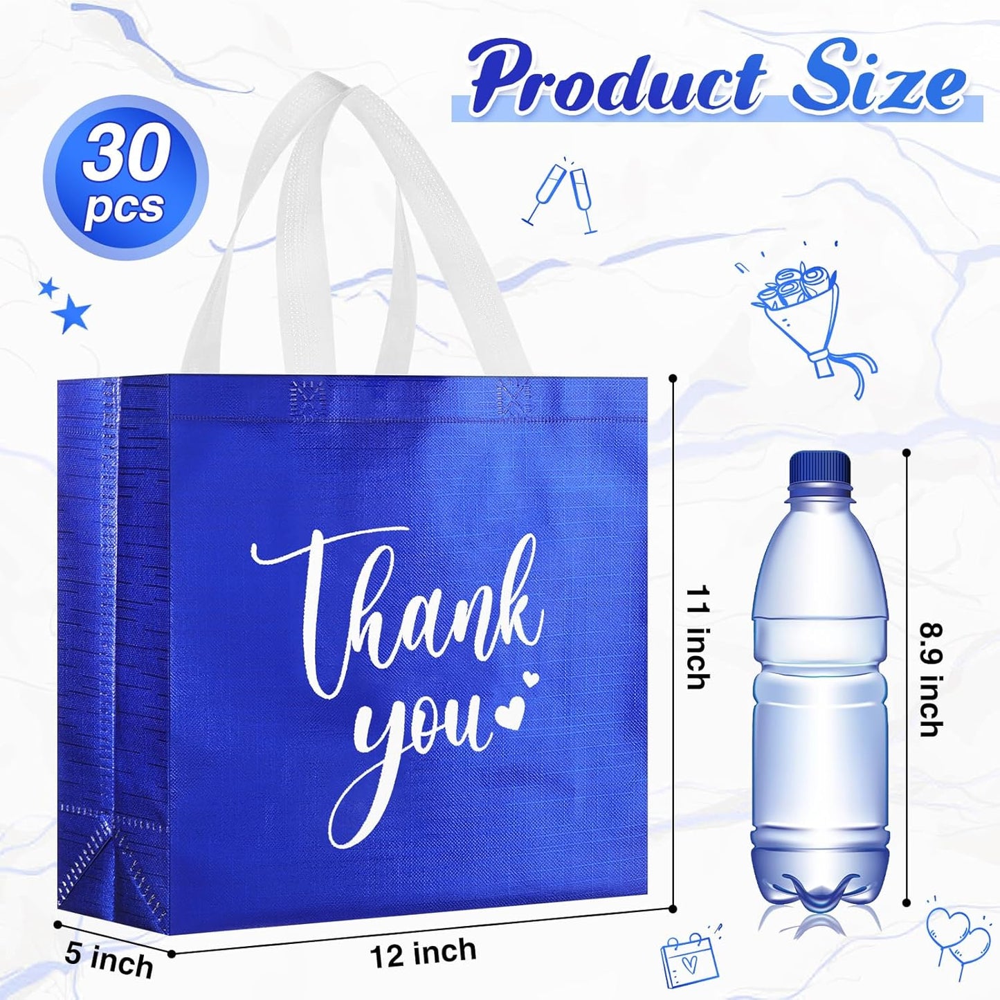 Sweetude 30 Pcs Thank You Gift Bags with Handles Bulk Reusable Goodie Bag Non Woven Foldable Handbag for Graduation Wedding Bridesmaid Gifts(11 x 12 x 5 Inch,Royal Blue)
