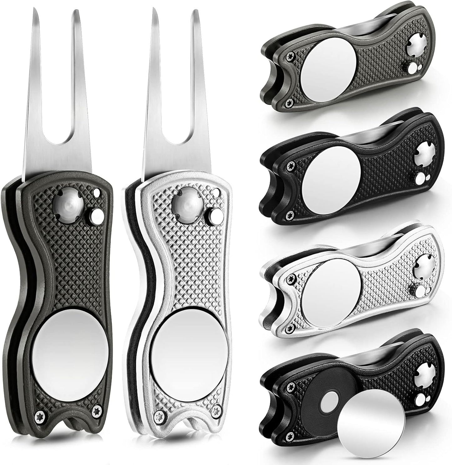 6 Packs Golf Repair Tool Stainless Steel Foldable Golf Divot Tool Magnetic Button Ball Marker