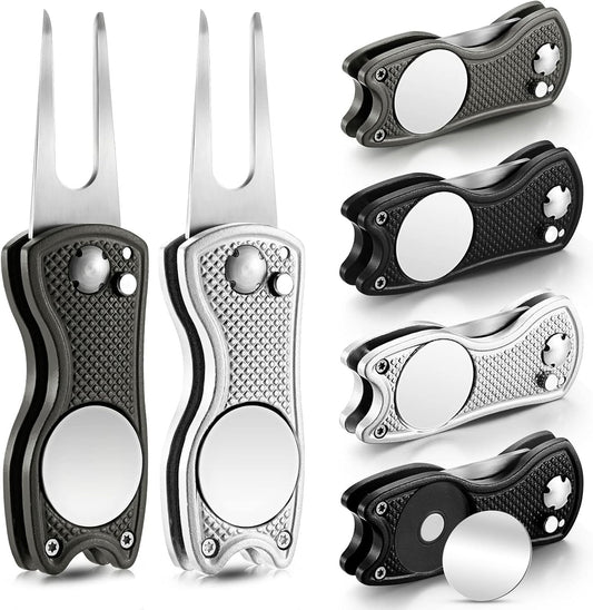 6 Packs Golf Repair Tool Stainless Steel Foldable Golf Divot Tool Magnetic Button Ball Marker