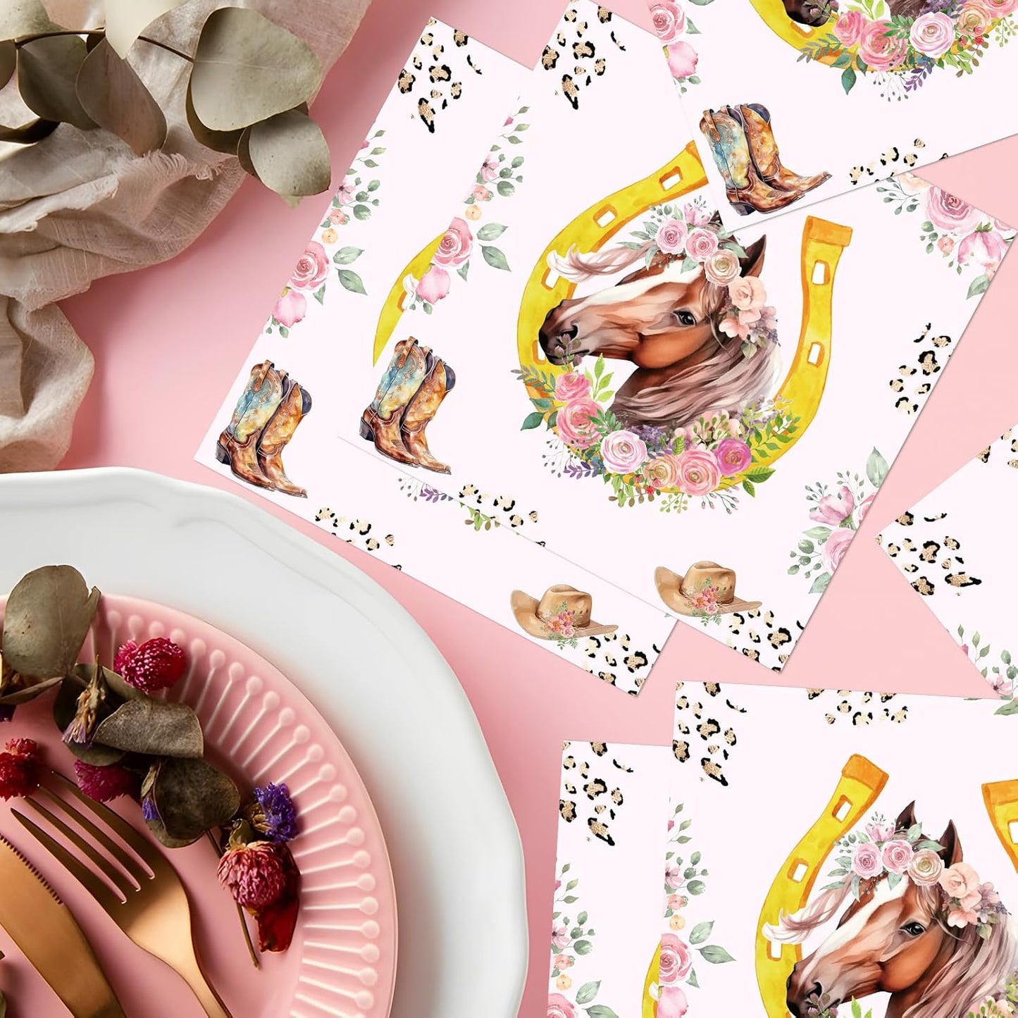 Horse Birthday Napkins Decorations for Girls, 50PCS Floral Cowgirl Party Napkins Decor, Disposable Western Horse Paper Napkins Set Supplies Size 6.5 Inch