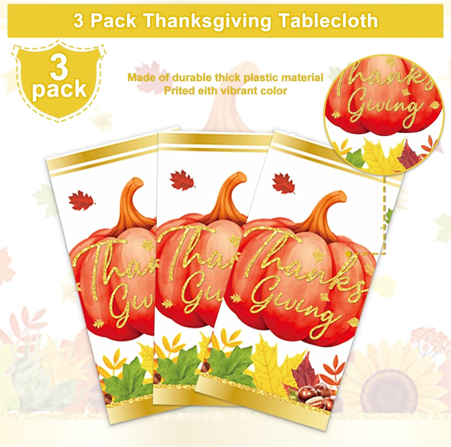 3 Pcs Fall Pumpkin Tablecloths, 54 * 108 Inch Thanksgiving Table Cover, Watercolor Pumpkin Maple Leaf Plastic Tablecloths for Fall Party, Thanksgiving Decorations