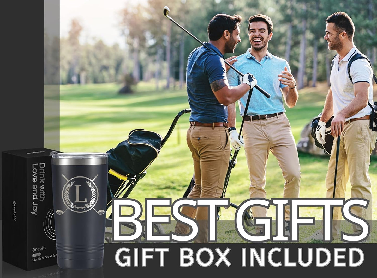 Onebttl Golf Gifts for Men with Initial for Golfer & Golf Lovers, 20oz Travel Mug, Perfect Gifts for Men, Birthday, Christmas - L