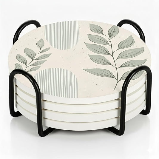 VEYRO Coasters Set of 4 for Drinks – Absorbent Ceramic Stone Drink Coasters with Cork Backing for Coffee Table & Desk, Modern Boho Look Cup Coaster Set, Housewarming Gift for New Home