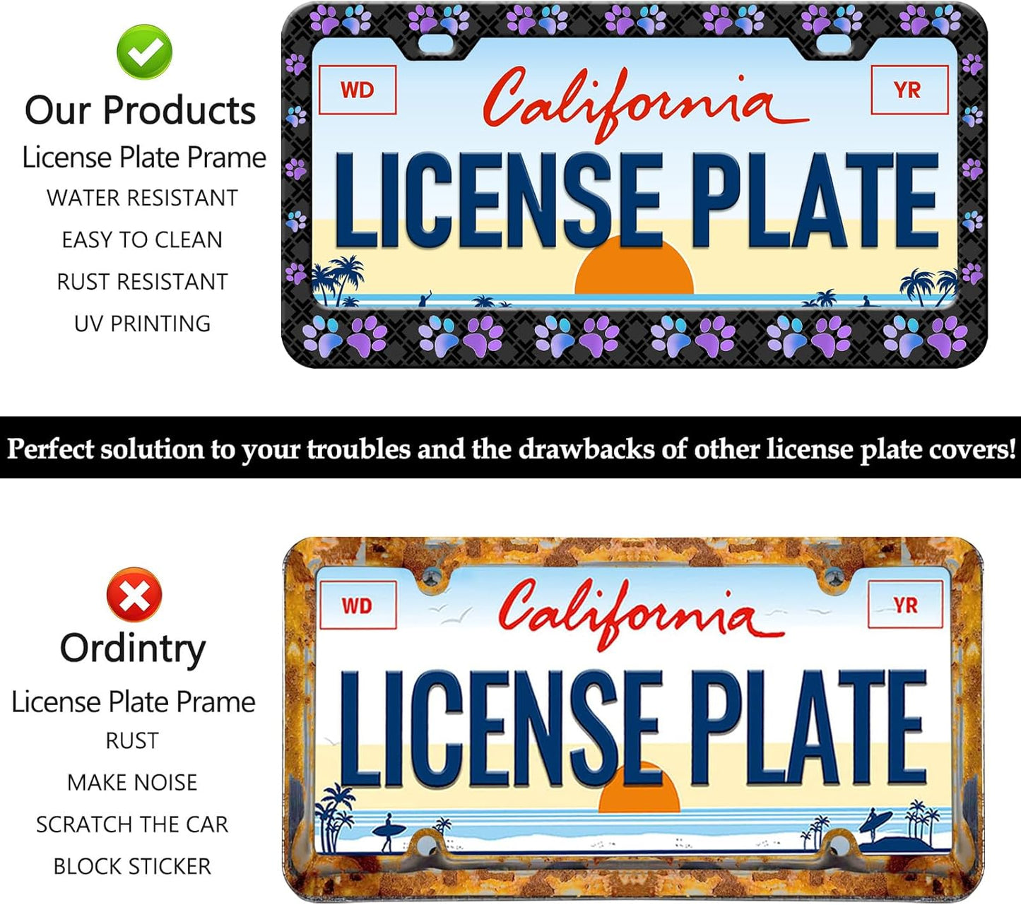 Purple Dog Paw Print License Plate Frames for Women- 2 Pack Front Rear Cute License Plates Holder Covers, Aluminum Metal Rust-Proof Waterproof Car Tag Frame with Screws Fasteners Caps