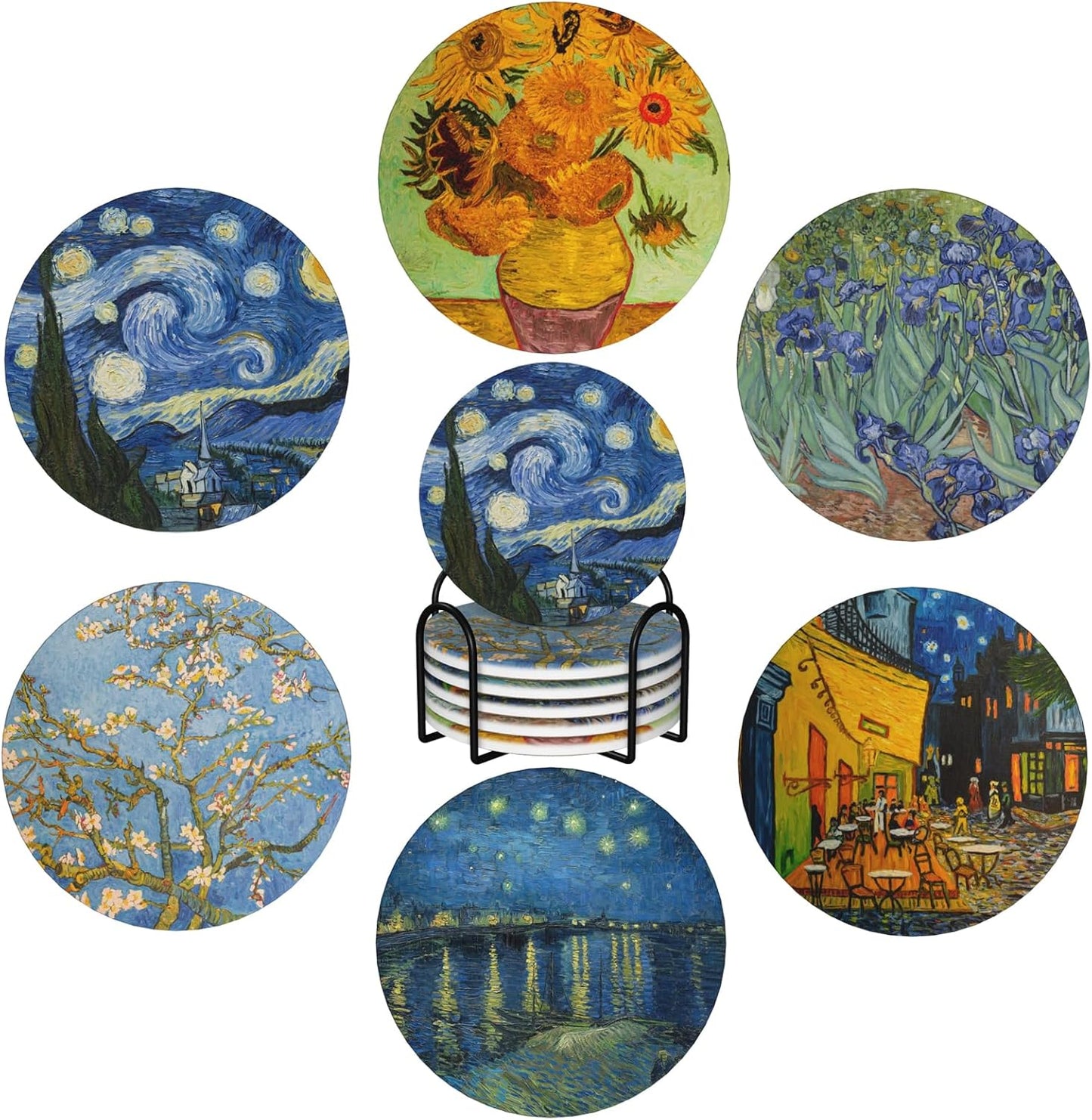 Van Gogh Art Absorbent Drink Coasters with Holder, Set of 6 Ceramic Coasters with Cork Base for Table Decor