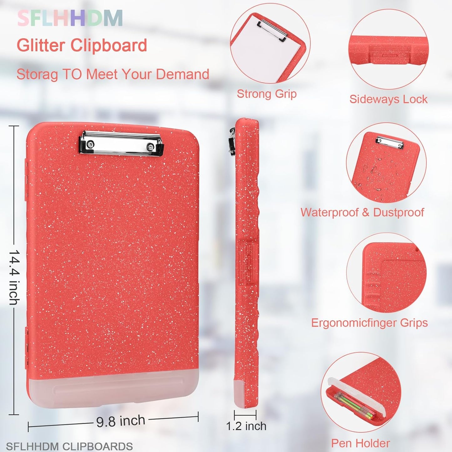 Glitter Clipboard with Storage,Storage Clipboard with Pen Holder,A4 Binder Clip Boards 8.5x11 with Low Profile Clip,Side Opening Sparkle Clipboards,Clipboards Folder for Office Supplies-Grapefruit Red
