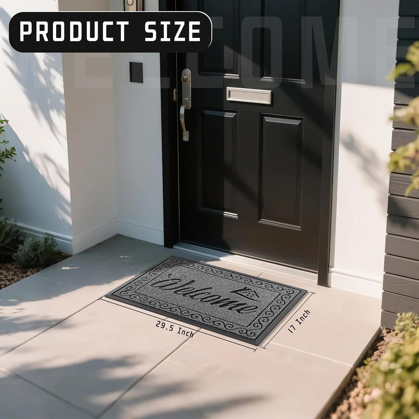 Yimobra Welcome Mat, Heavy Duty Sturdy Door Mats for Home Entrance Outdoor Indoor, Front Doormat for Outside Patio Floor Entry Porch Garage Office, Waterproof, Low Profile, 29.5x17, Black Grey