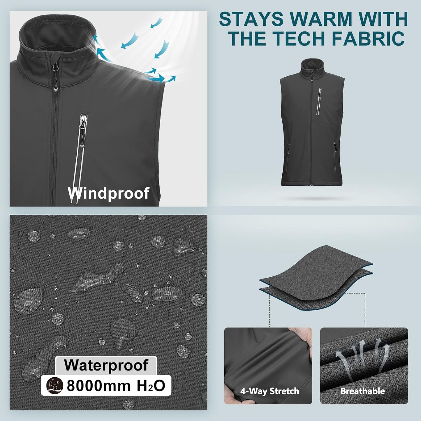 33,000ft Men's Windproof Lightweight Golf Vest Outerwear with Pockets, Softshell Sleeveless Jacket for Running Hiking Sports