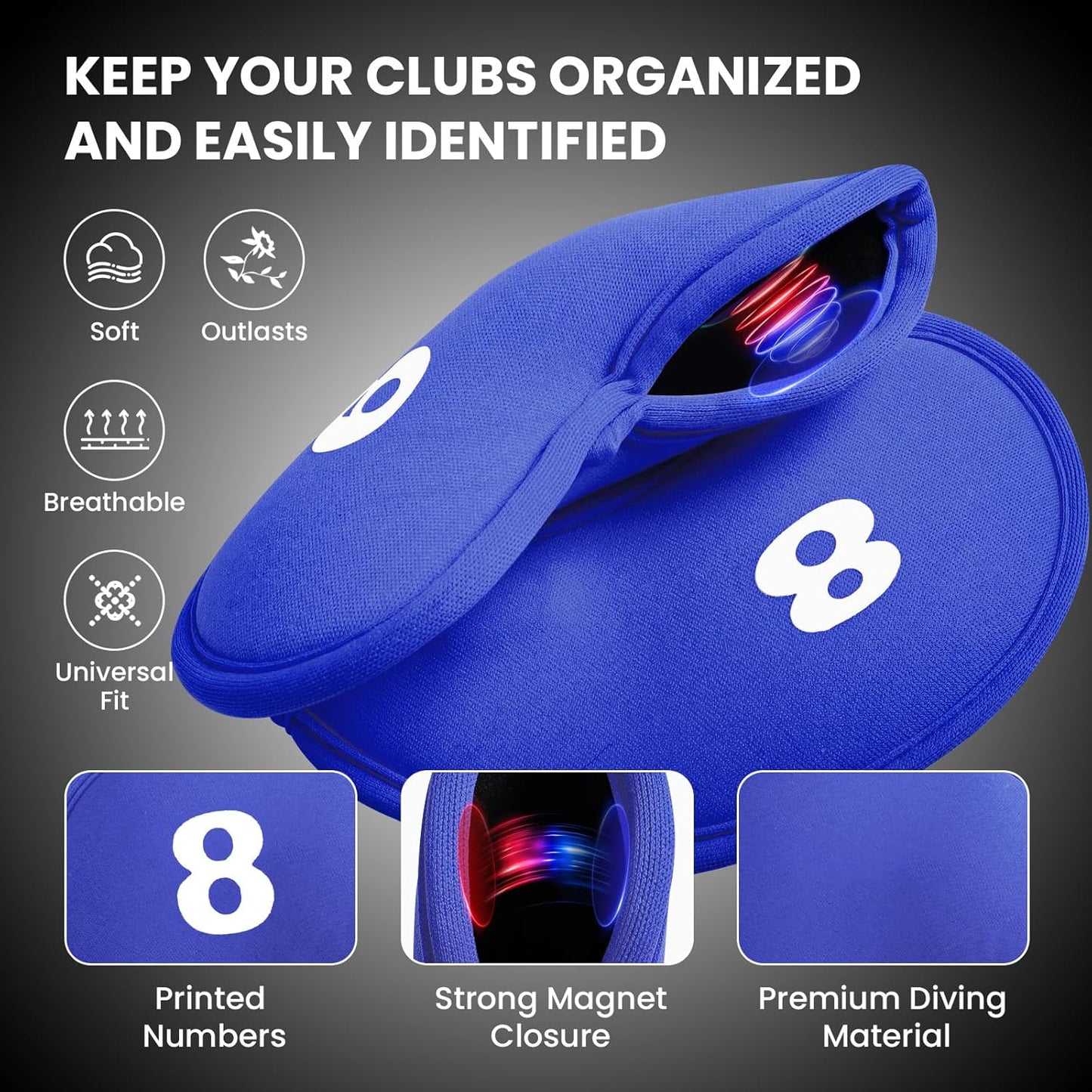 Golf Iron Head Covers Magnetic Soft Protection Printed Numbers Value Set, Durable Neoprene Headcover for Irons, Lightweight in Blue Black Pink for Men Women