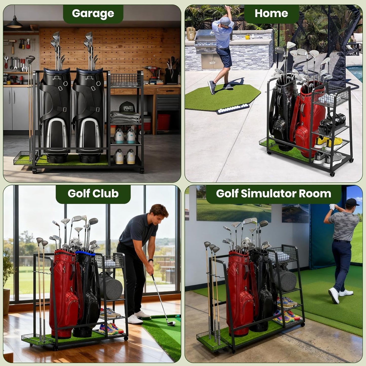TooCust Golf Bag Storage Rack for Garage Fits 2 Bags, Heavy Duty Metal Golf Bag Organizer with Wheels, Freestanding Golf Club Rack for Equipment Accessories with Shelves & Protective Turf Mat