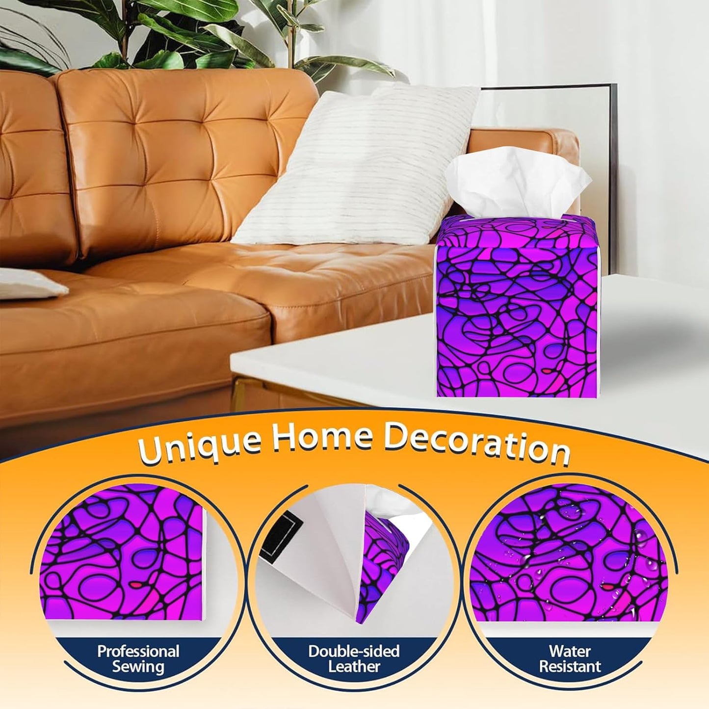 Tissue Box Cover Square,Abstract Purple Stained Glass Tissue Box Holder Waterproof Leather Facial Paper Case Modern Home Decoration for Bedroom Dresser Night Stand Office Desk
