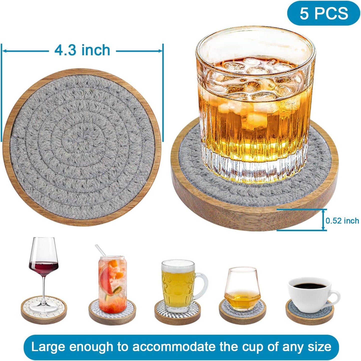 5 Pack Coasters for Drinks Absorbent, 4.3 inches Cork Coasters for Coffee Tables, Wooden Drink Coasters for Table Protection, Cute Coasters for Kitchen, Farmhouse, Bar, and Office (Gray Series)