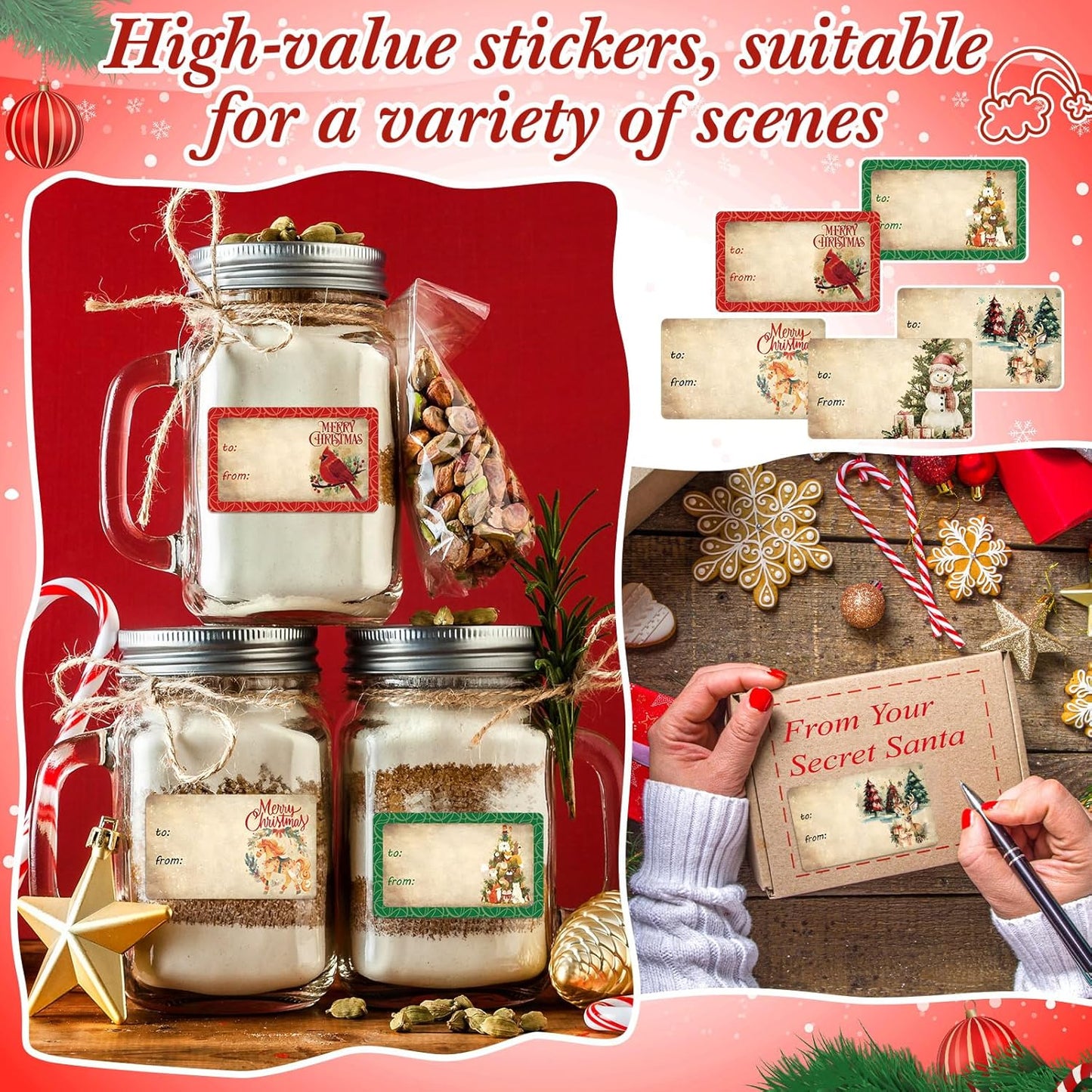 Outus 500 Pieces Christmas Tags Self Adhesive Gift Tags for Xmas Presents Christmas Name Labels Stickers for Wrapping Paper Festival Birthday Holiday Decor(Vintage Fashion Style,2.76 x 1.57 Inch)
