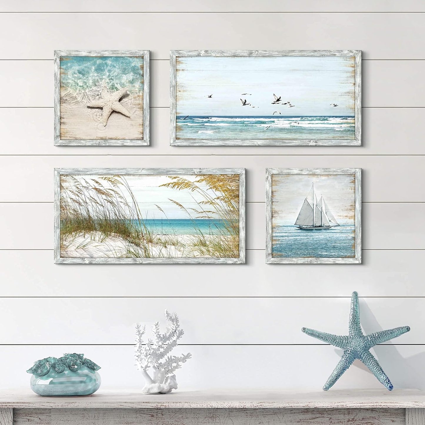 Beach Framed Wooden Pictures Wall Art: Coastal Art Set of 4 Seascape Prints Starfish Pictures Ocean Artwork for Bedroom Overall 36"W x 24"H