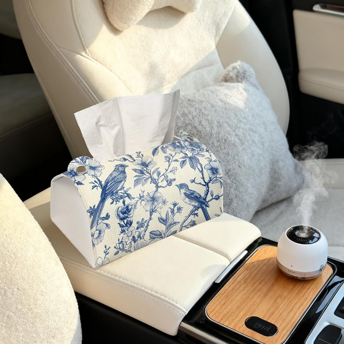 Bird on Blooming Branches Tissue Box Cover Holder – Blue Flower Rectangular Tissue Organizer, Decorative Napkin Box Case for Home, Office & Car