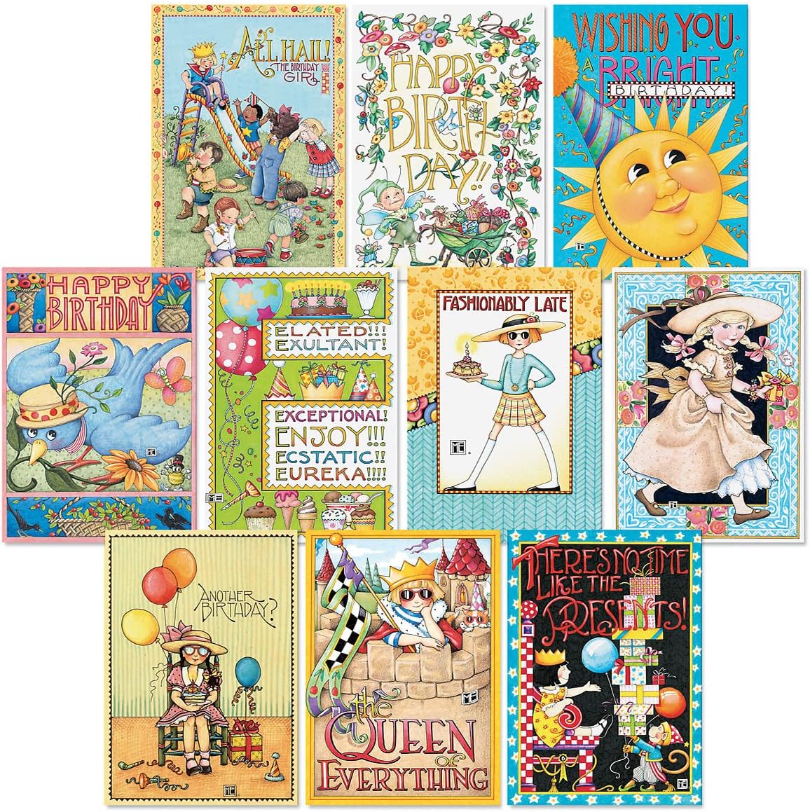 Current Mary Englebreit Happy Birthday Greeting Card Set - Value Pack of 20 Cards With White Envelopes, 10 Designs, Large 5" x 7" Assortment