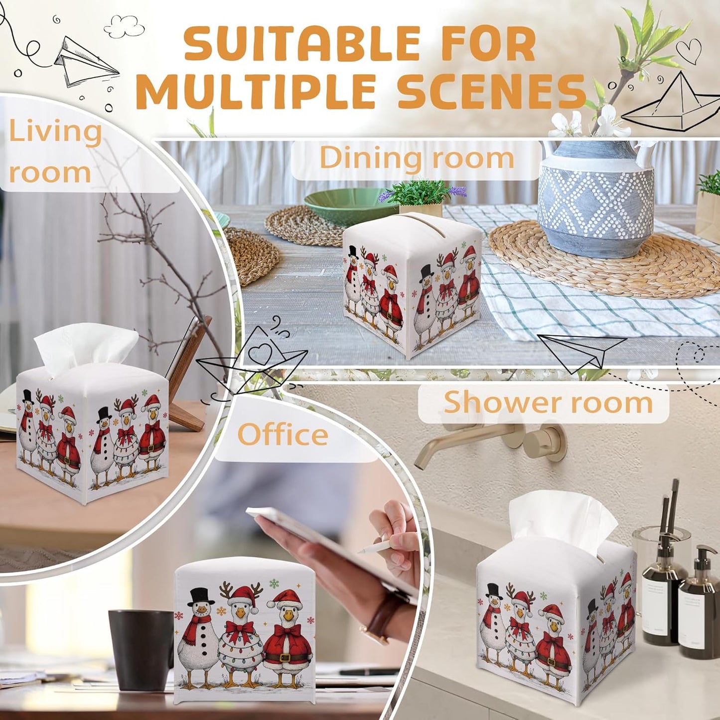 Vintage Christmas Goose Tissue Box Holder, Retro Christmas Leather Tissue Box Cover Square, Paper Facial Decorative Tissues Cover for Bathroom Kitchen Office Home Decor-B27