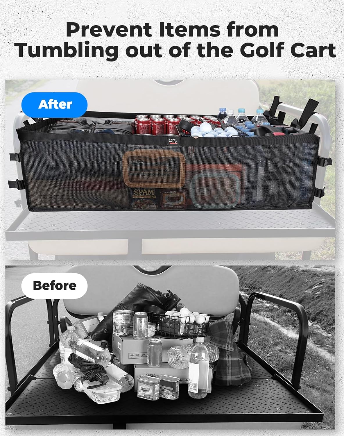 KEMIMOTO Universal 4-Passenger Golf Cart Cargo Net, Compatible with Club Car, EZGO, Drive Golf Carts, Black