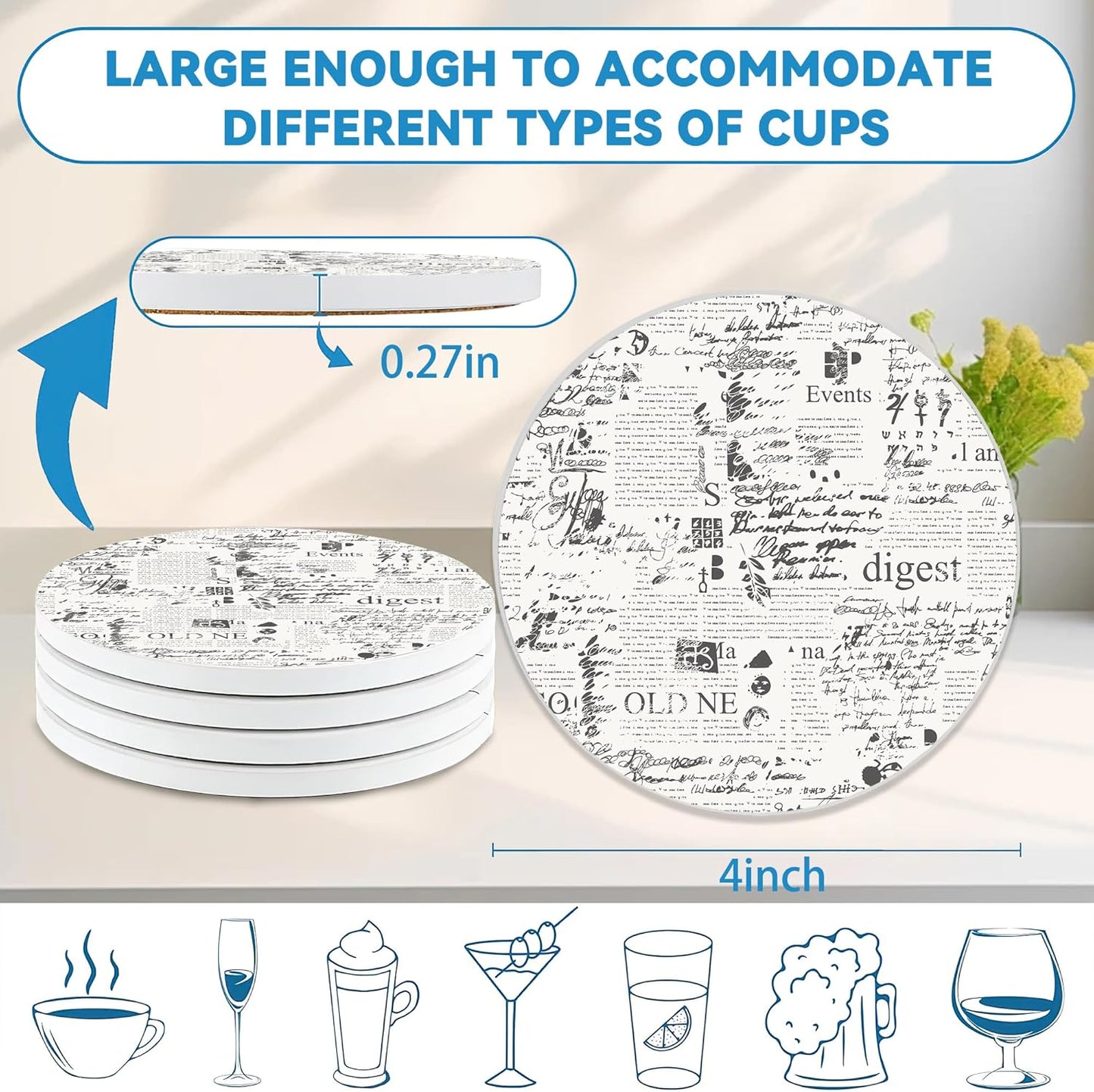 Drinks Coasters Set of 4, Vintage Old Book Page Round 4" Cup Coasters, Absorbent Ceramic Stone Coasters with Cork Base, Cute Coasters for Table Home Décor, Ideal Gifts for Women Men